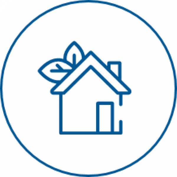 Eine Zeichnung eines Hauses mit Blättern auf der rechten Dachseite