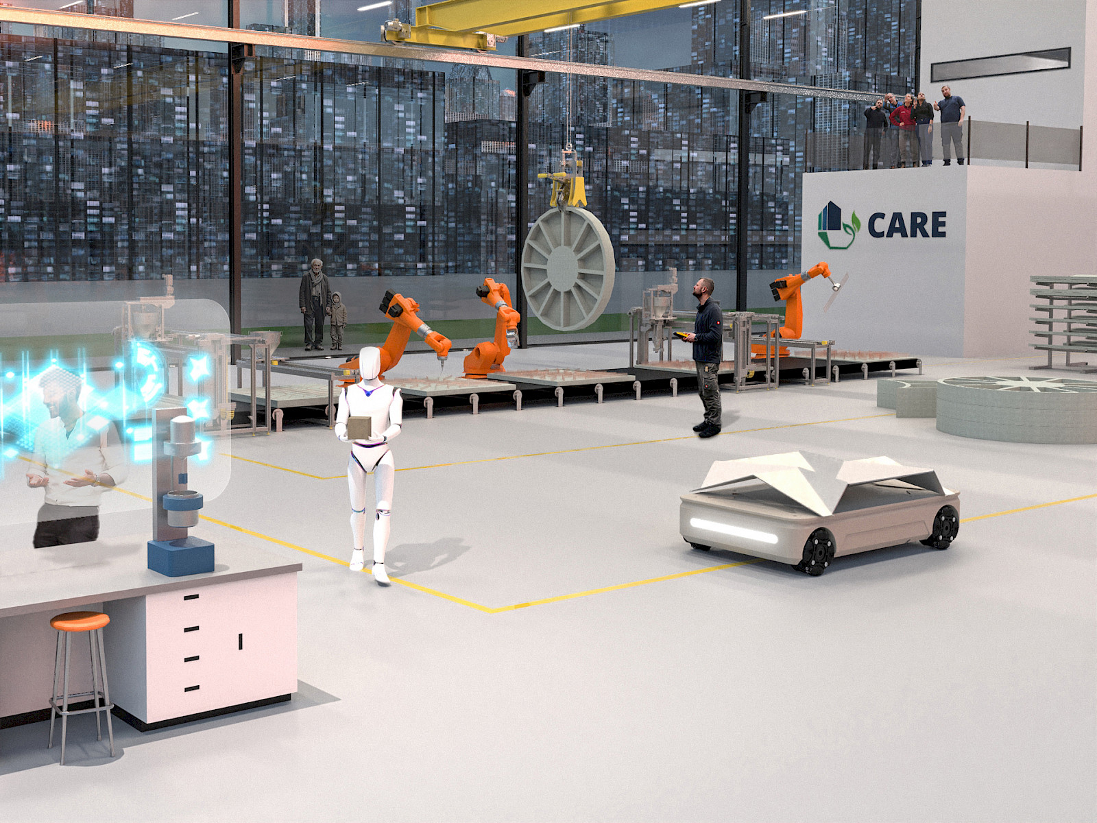 an automated production line and a modern building materials testing laboratory with a glass facade