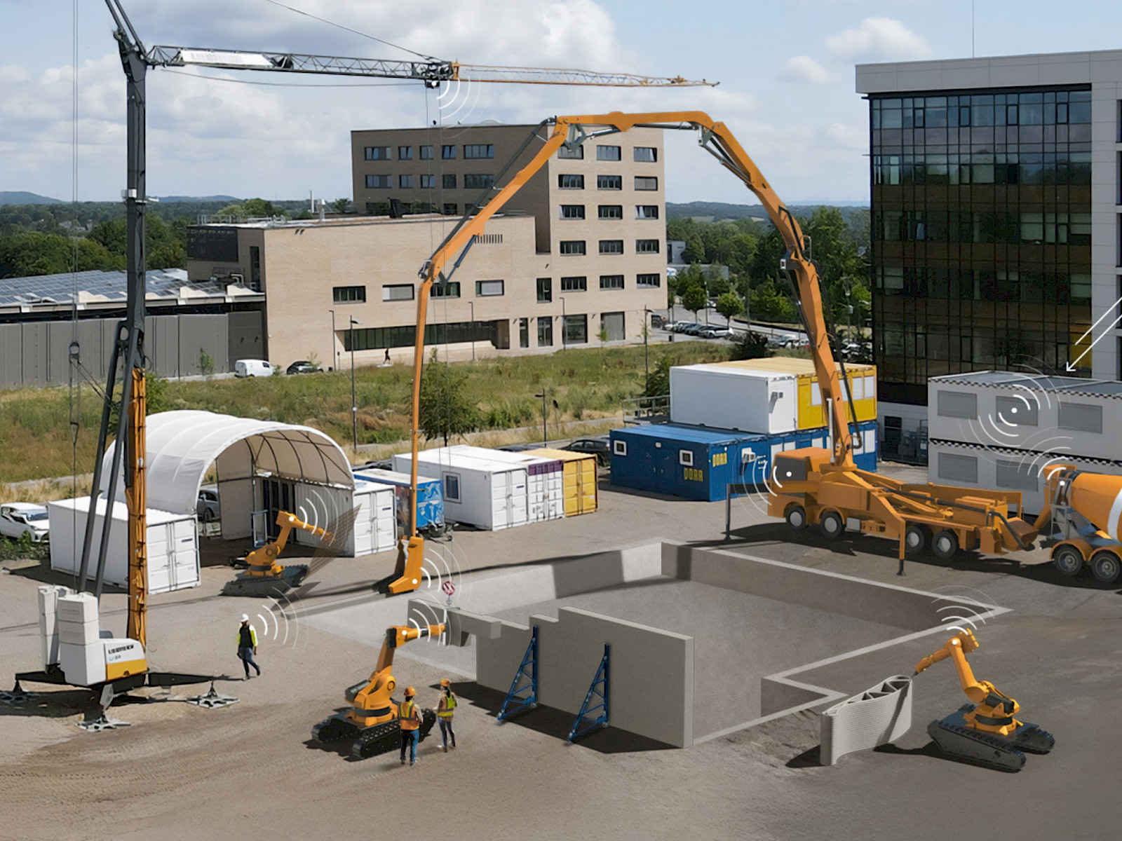 A construction site with numerous construction machines such as cranes, concrete mixers, and robots, all digitally connected and communicating with each other.