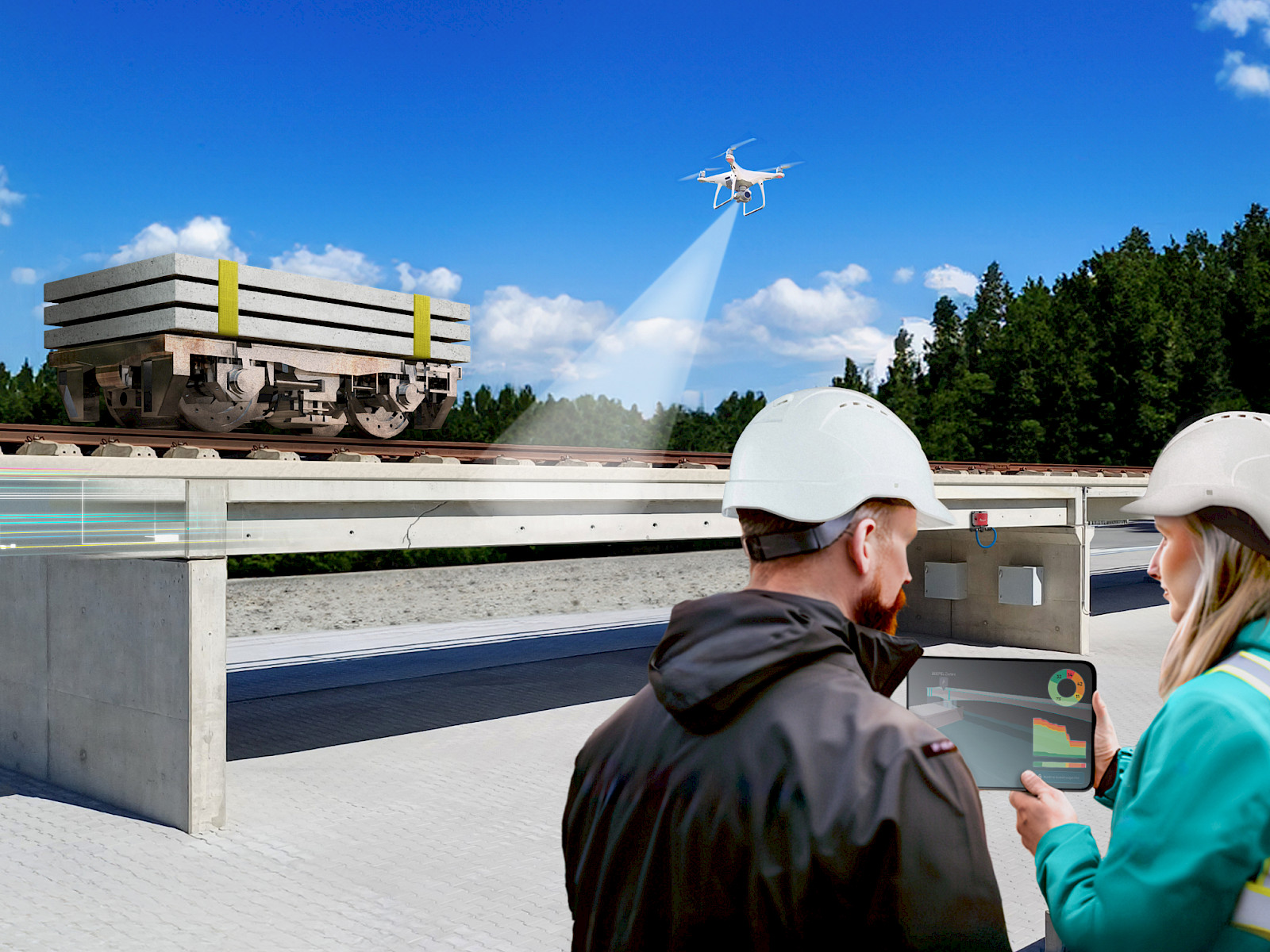2 Menschen mit einem Tablet vor einer Brücke auf der ein Wagen mit Gewichten auf Schienen entlang fährt während die Brücke von einer Drohne gescannt wird.